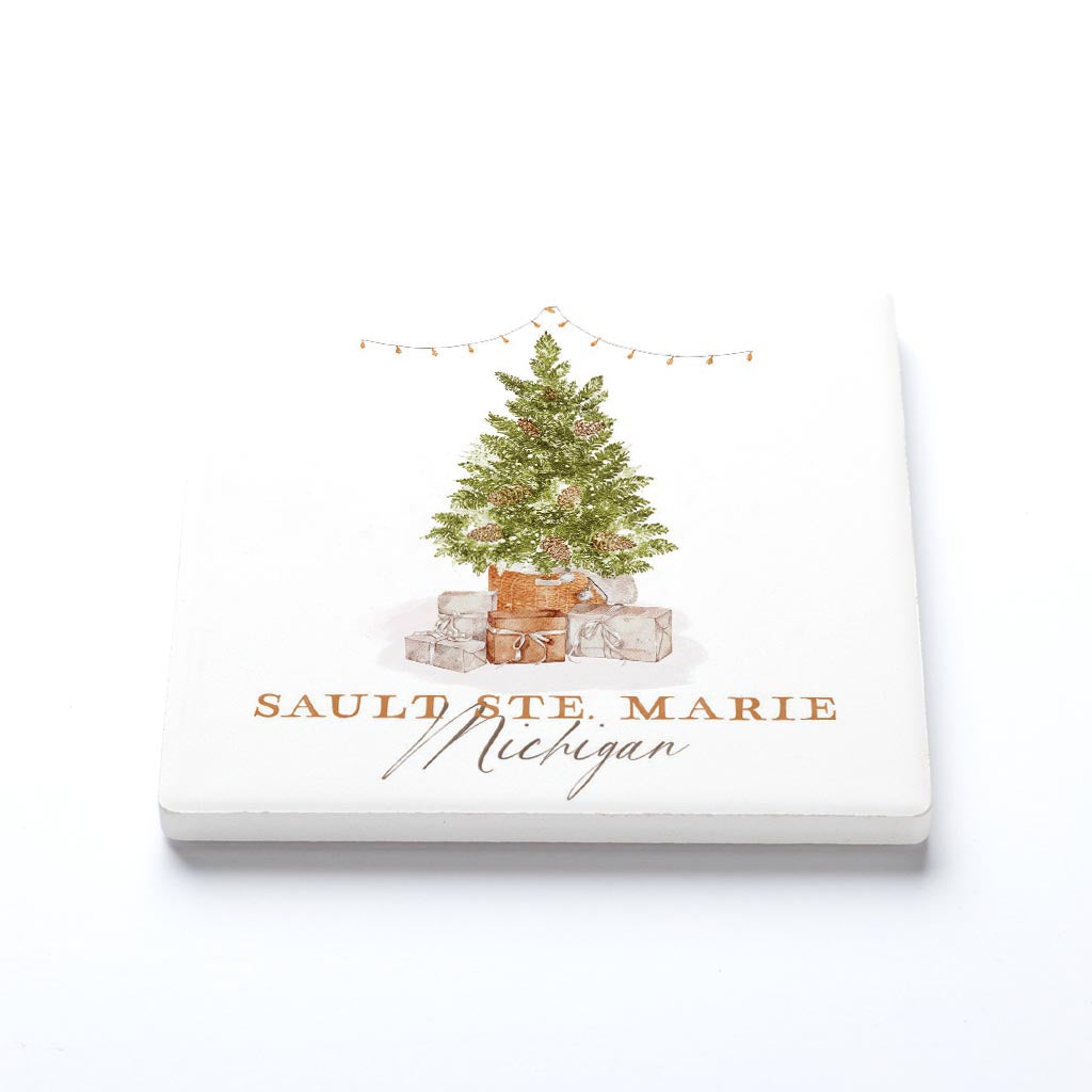 Ceramic Square Coaster-Cottage Tree Sault Ste. Marie Michigan -1