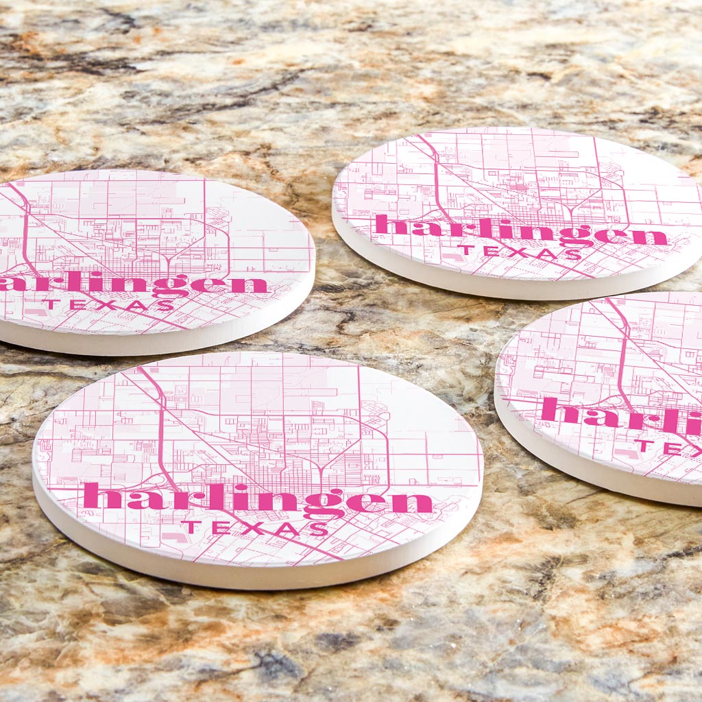 Bright Modern Pink Map Texas Harlingen | Absorbent Coasters | Set of 4 | Min 2