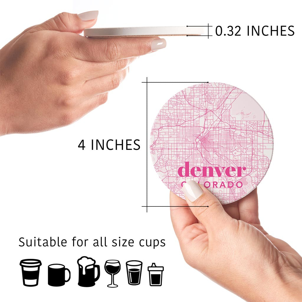 Bright Modern Pink Map Colorado Denver | Absorbent Coasters | Set of 4 | Min 2