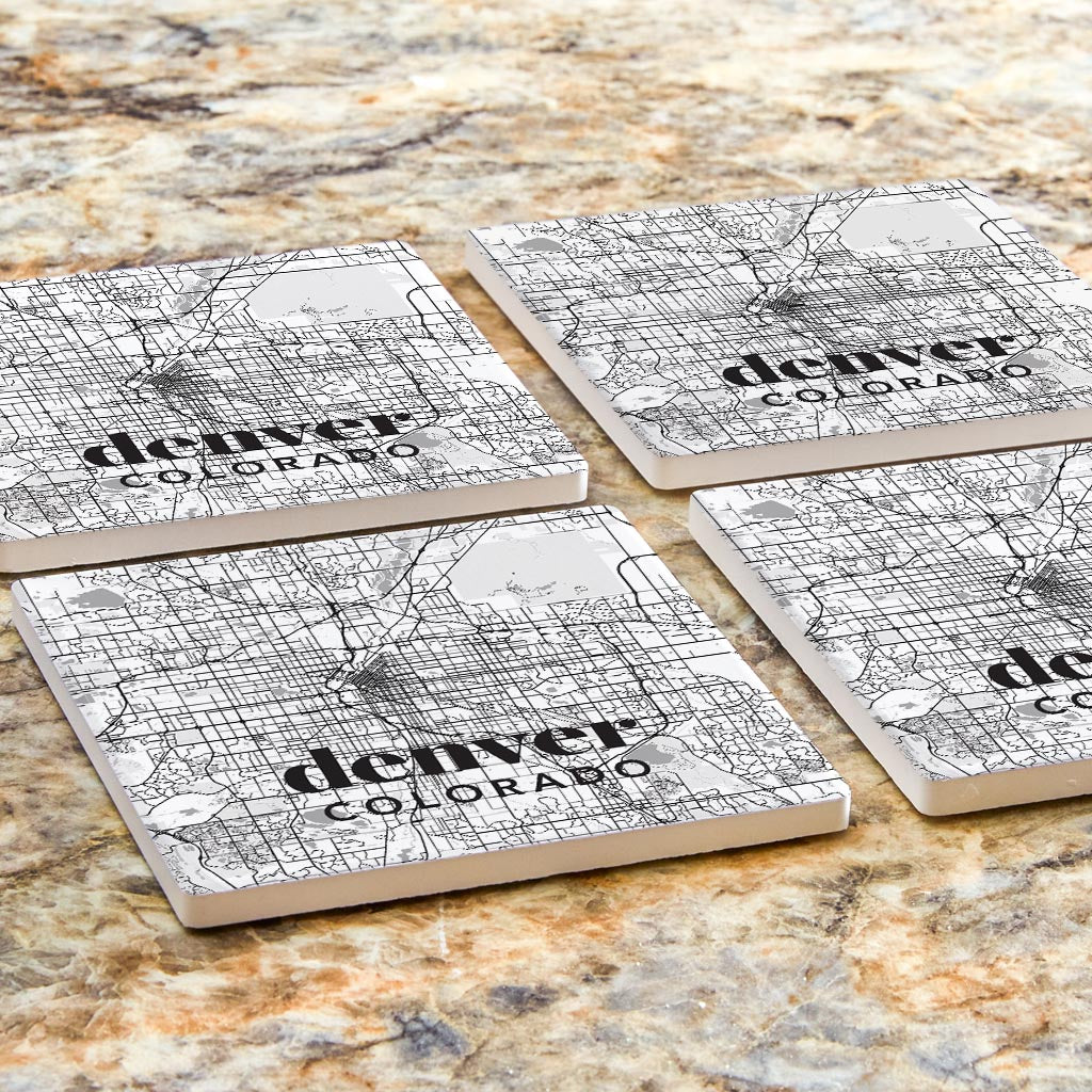 Black And White White Map Colorado Denver| Absorbent Coasters | Set of 4 | Min 2