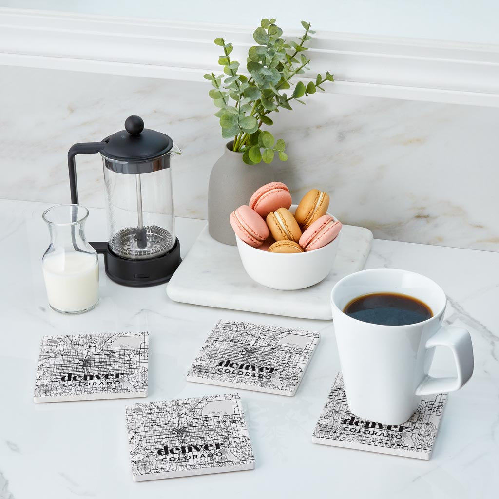 Black And White White Map Colorado Denver| Absorbent Coasters | Set of 4 | Min 2