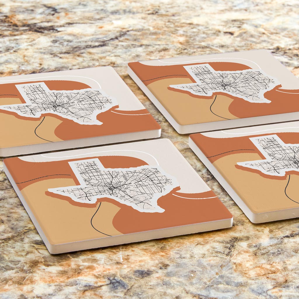 Vintage Groove Fluid Orange Map Texas Dallas | Absorbent Coasters | Set of 4 | Min 2