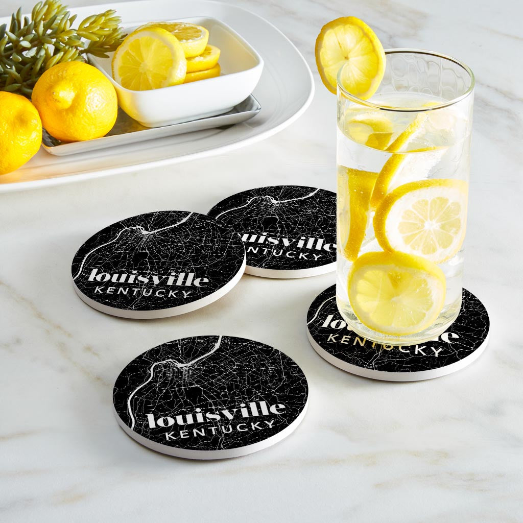 Black And White Black Map Kentucky Louisville| Absorbent Coasters | Set of 4 | Min 2