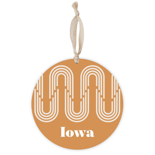 Vintage Groove Yellow Wave Lines Iowa | Wood Ornament | Eaches | Min 1