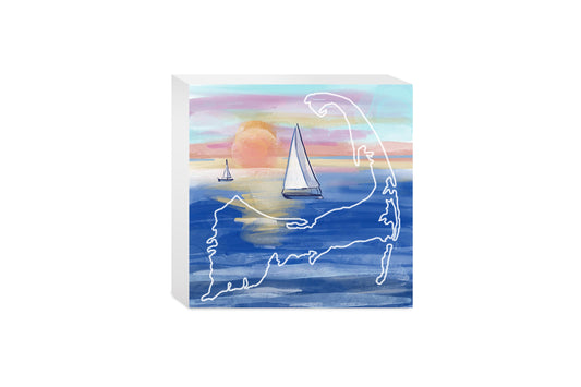 Watercolor Sunset With Sailboats | Wood Block | Eaches | Min 4