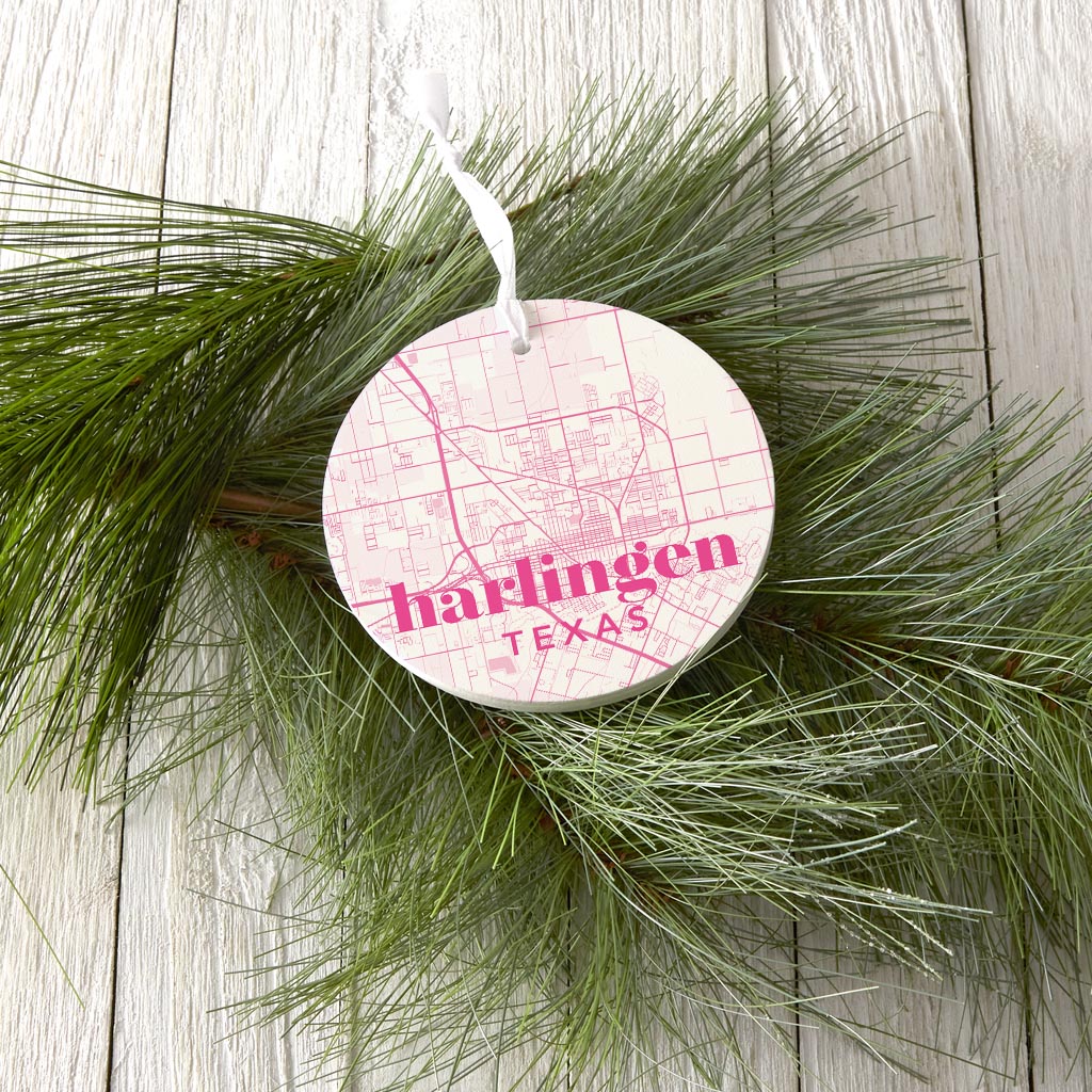 Bright Modern Pink Map Texas Harlingen| Wood Ornament | Eaches | Min 6