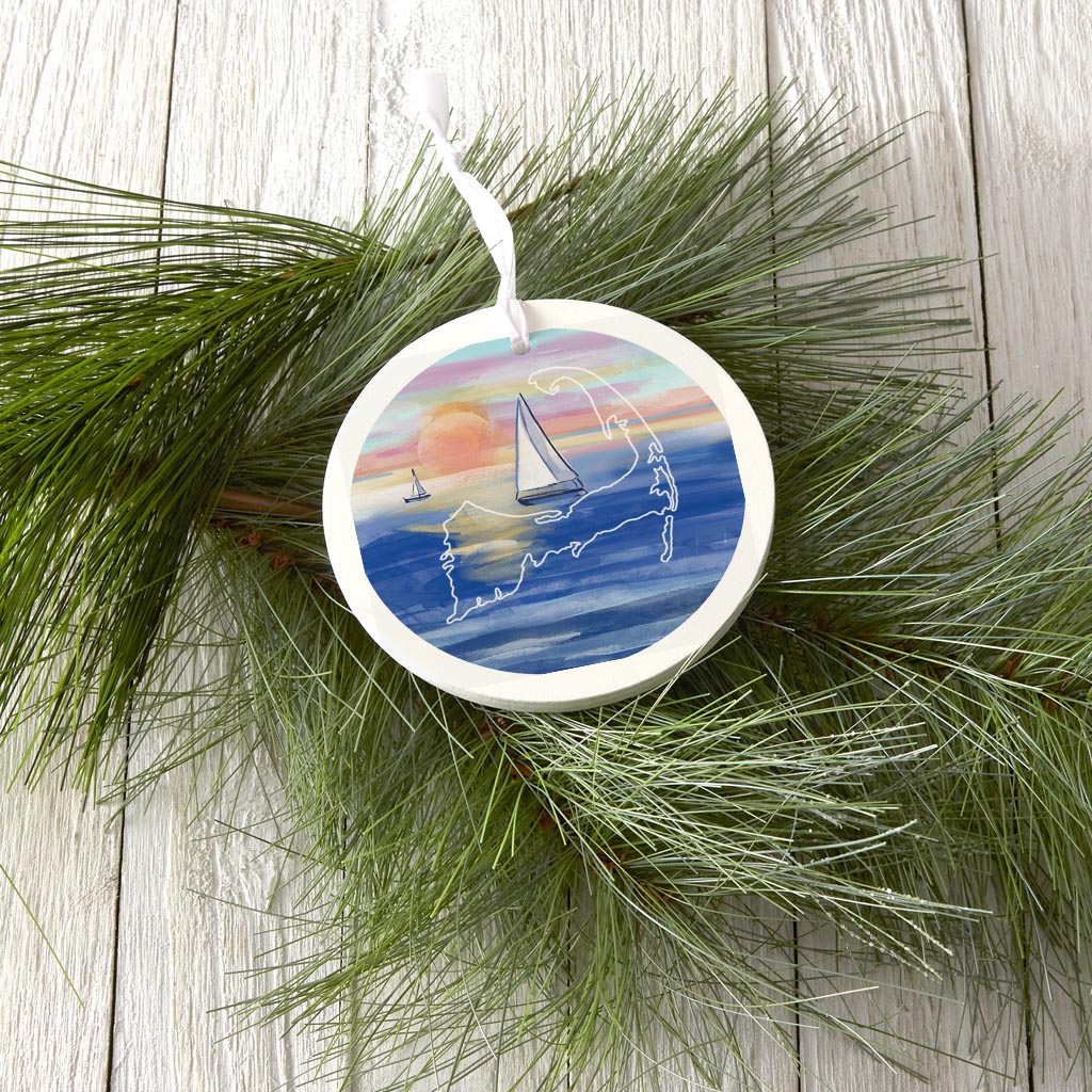 Watercolor Sunset With Sailboats | Wood Ornament | Eaches | Min 6