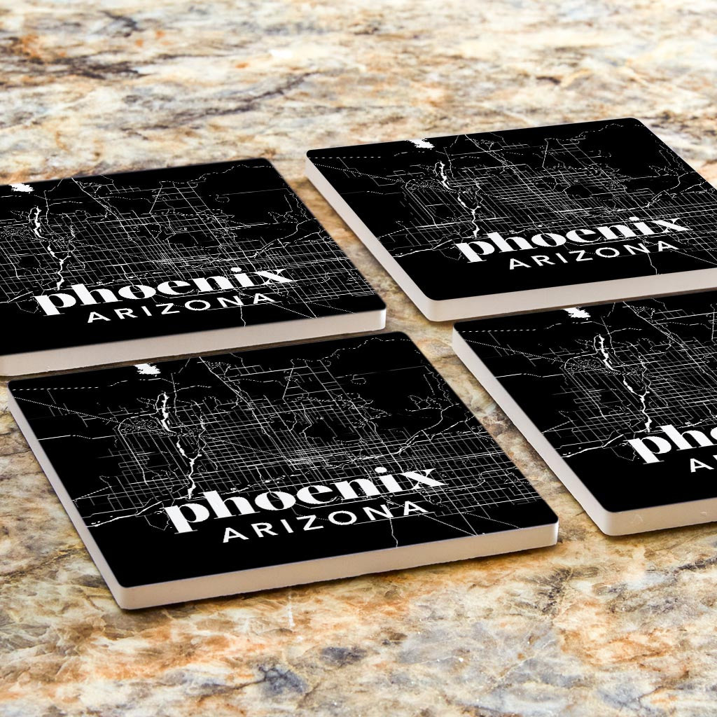 Black And White Black Map Arizona Phoenix | Absorbent Coasters | Set of 4 | Min 2