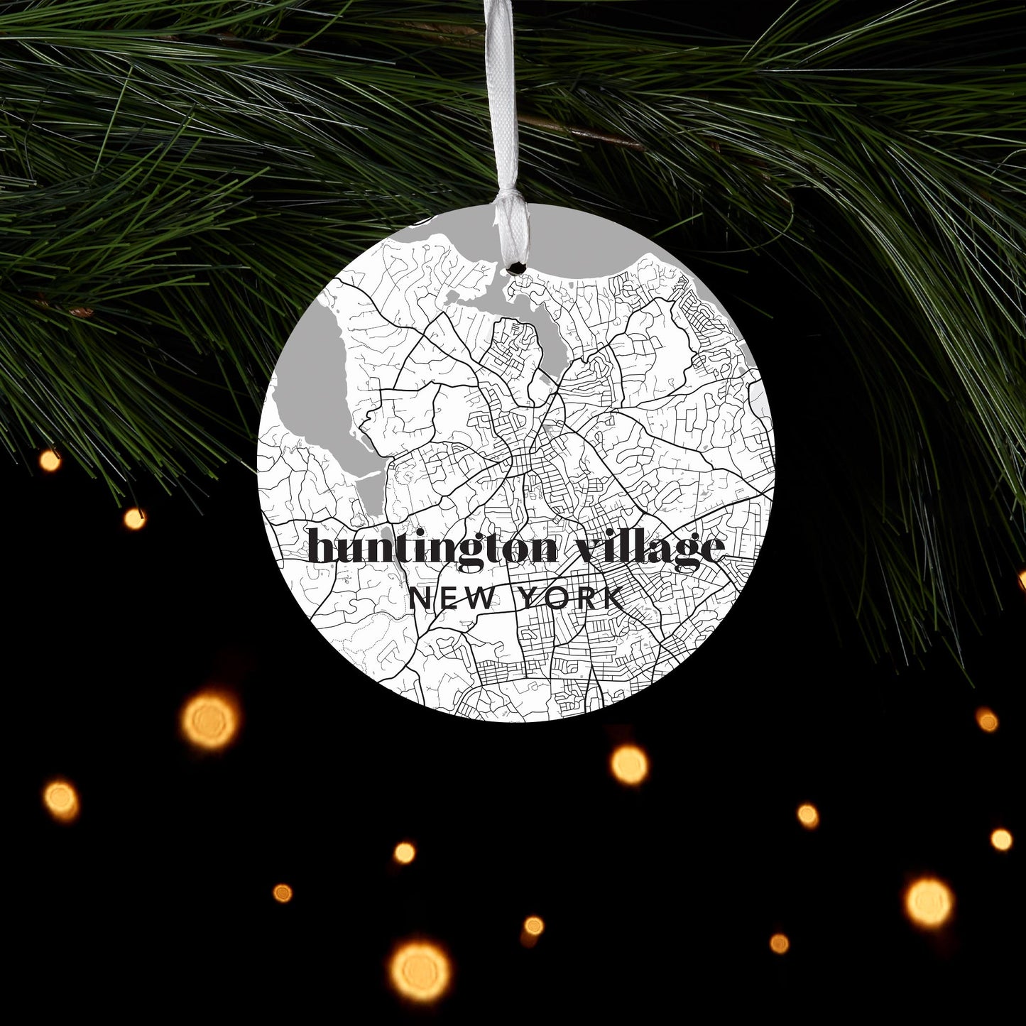 Black And White Map Huntington Village Ny| Wood Ornament | Eaches | Min 6