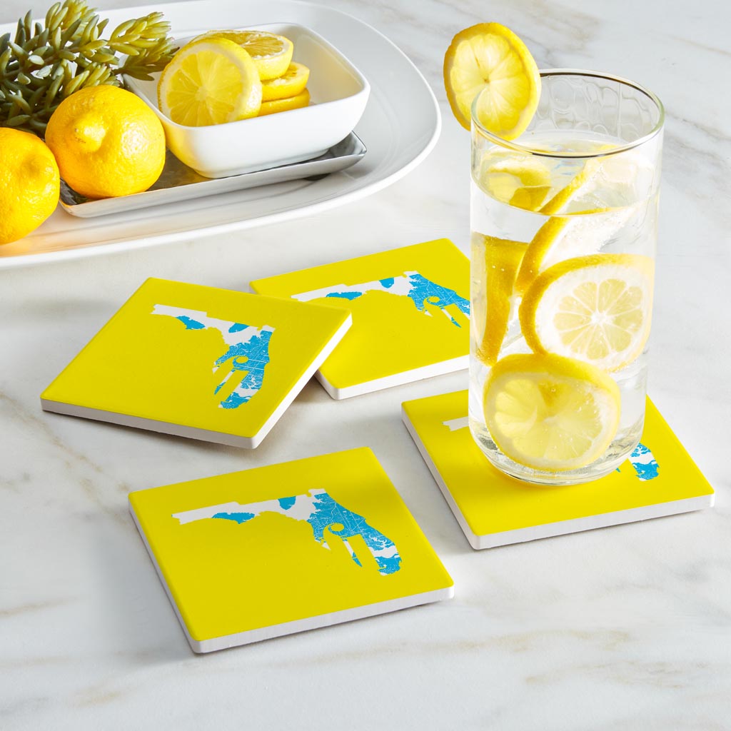 Bright Modern Abbreviated State Yellow Florida Panama | Absorbent Coasters | Set of 4 | Min 2