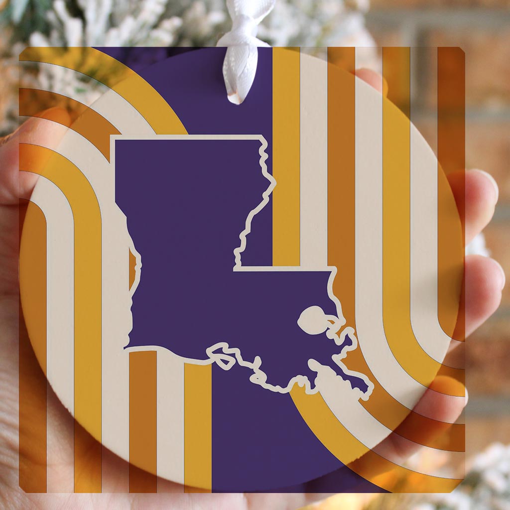 Purple Gold Louisiana Retro State Shape | Wood Ornament | Eaches | Min 6