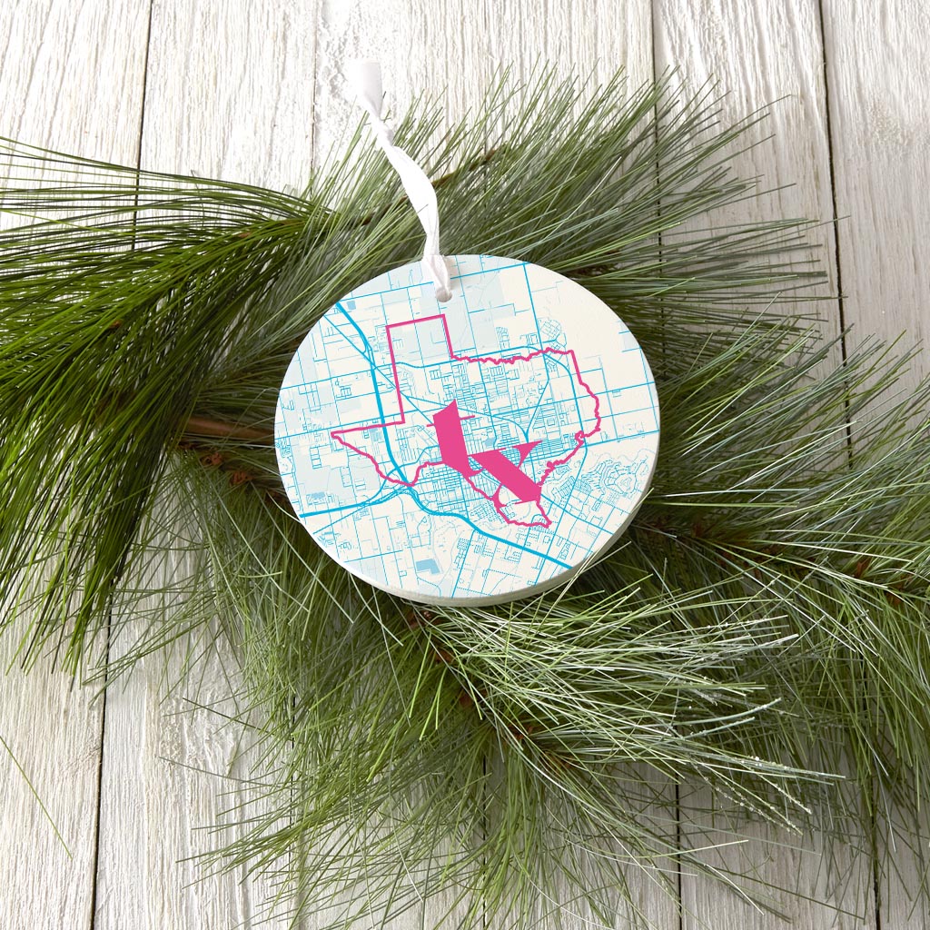 Bright Modern Abbreviated State Map Blue Texas Harlingen| Wood Ornament | Eaches | Min 6