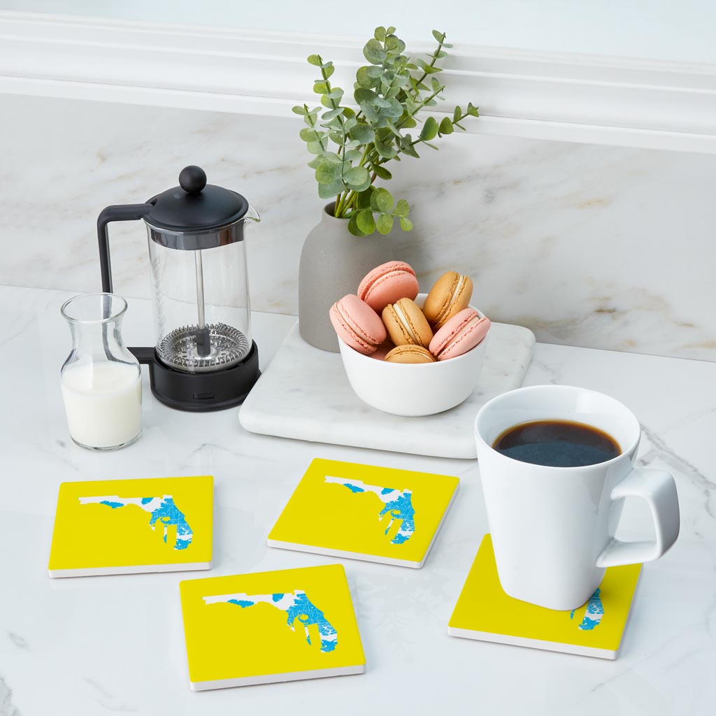 Bright Modern Abbreviated State Yellow Florida Panama | Absorbent Coasters | Set of 4 | Min 2