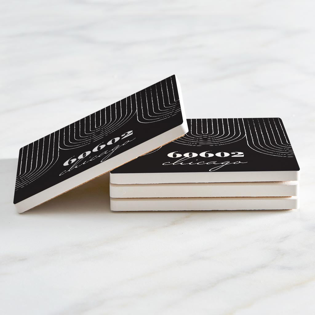 Black And White City Zip On Black Illinois Chicago | Absorbent Coasters | Set of 4 | Min 2