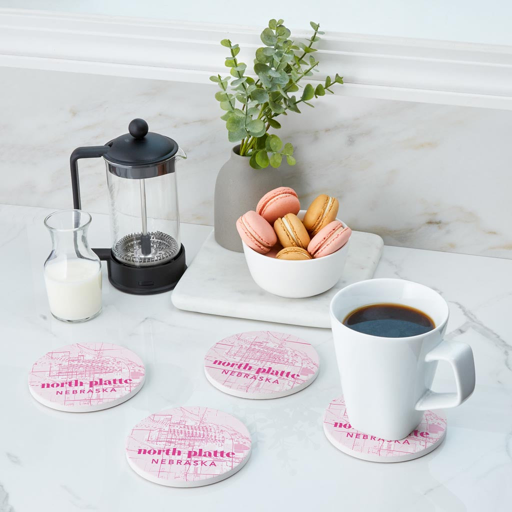 Bright Modern Pink Map Nebraska North Platte | Absorbent Coasters | Set of 4 | Min 2