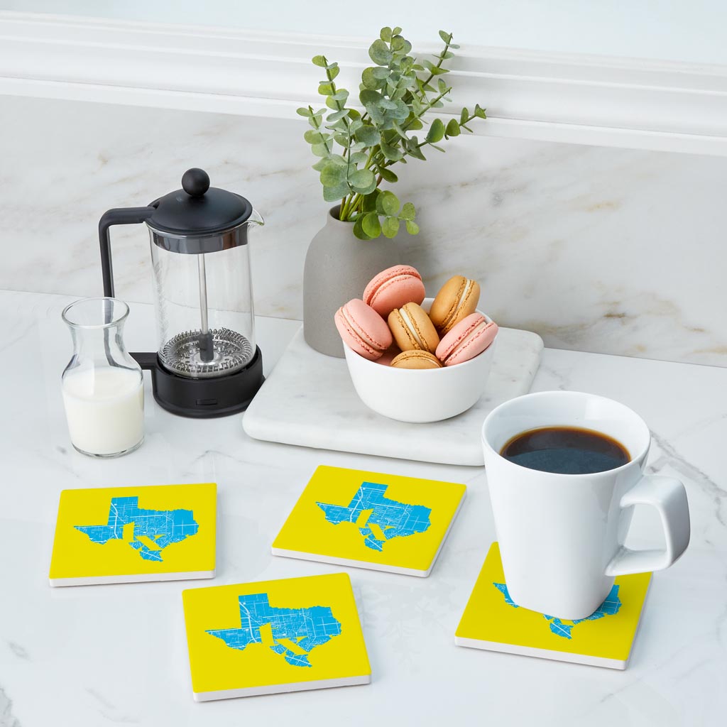 Bright Modern Abbreviated State Yellow Texas Harlingen | Absorbent Coasters | Set of 4 | Min 2