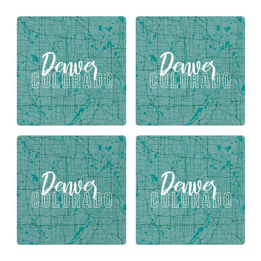 Boho Color Blue Map Colorado Denver| Absorbent Coasters | Set of 4 | Min 2