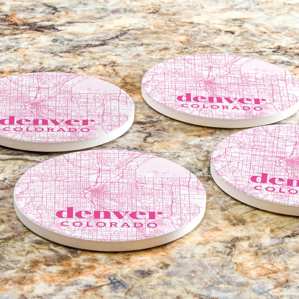 Bright Modern Pink Map Colorado Denver | Absorbent Coasters | Set of 4 | Min 2