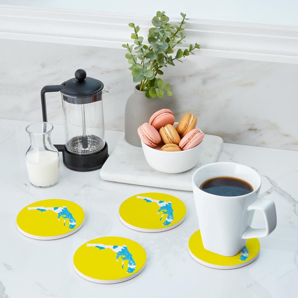 Bright Modern Abbreviated State Yellow Florida Panama | Absorbent Coasters | Set of 4 | Min 2