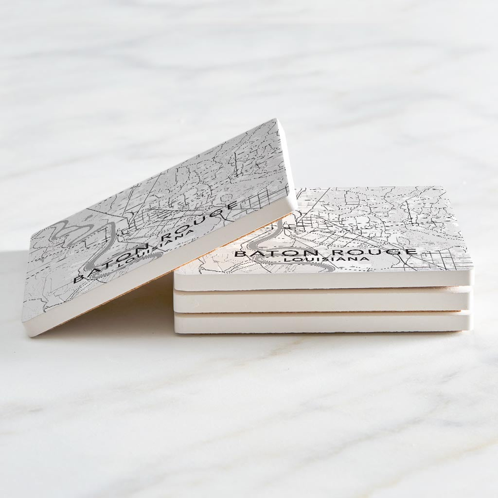 Minimalistic Baton Rouge White Map | Absorbent Coasters | Set of 4 | Min 2