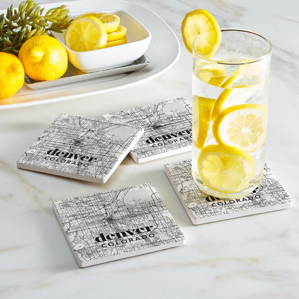 Black And White White Map Colorado Denver| Absorbent Coasters | Set of 4 | Min 2