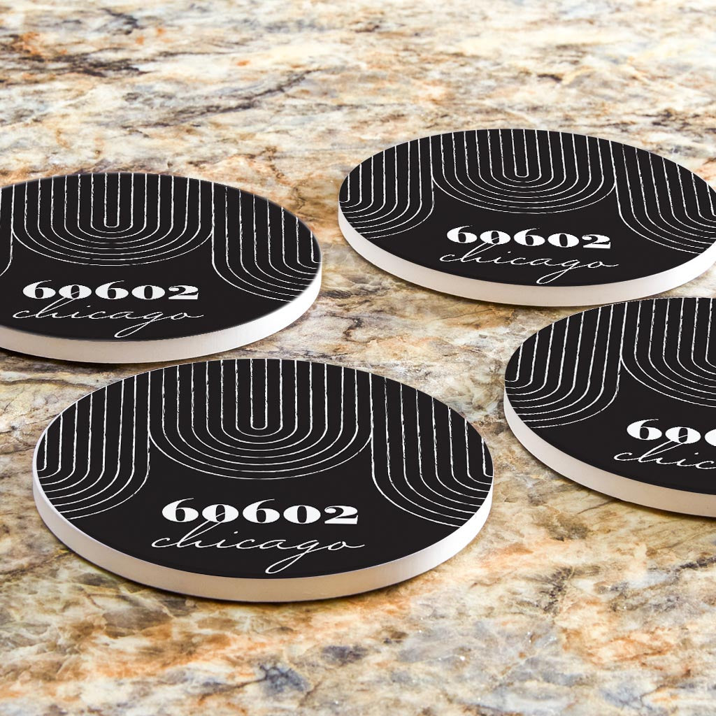 Black And White City Zip On Black Illinois Chicago | Absorbent Coasters | Set of 4 | Min 2