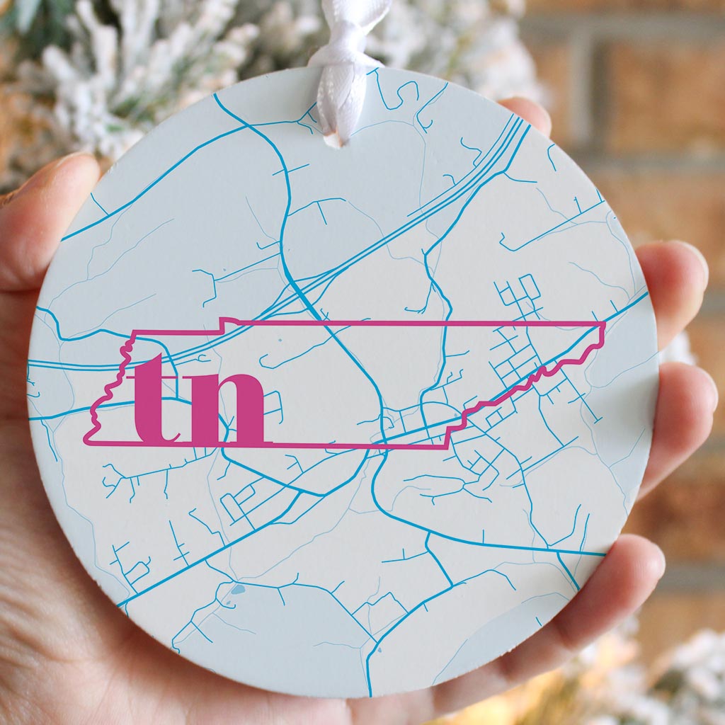 Bright Modern Abbreviated State Map Blue Tennessee Blountville| Wood Ornament | Eaches | Min 6