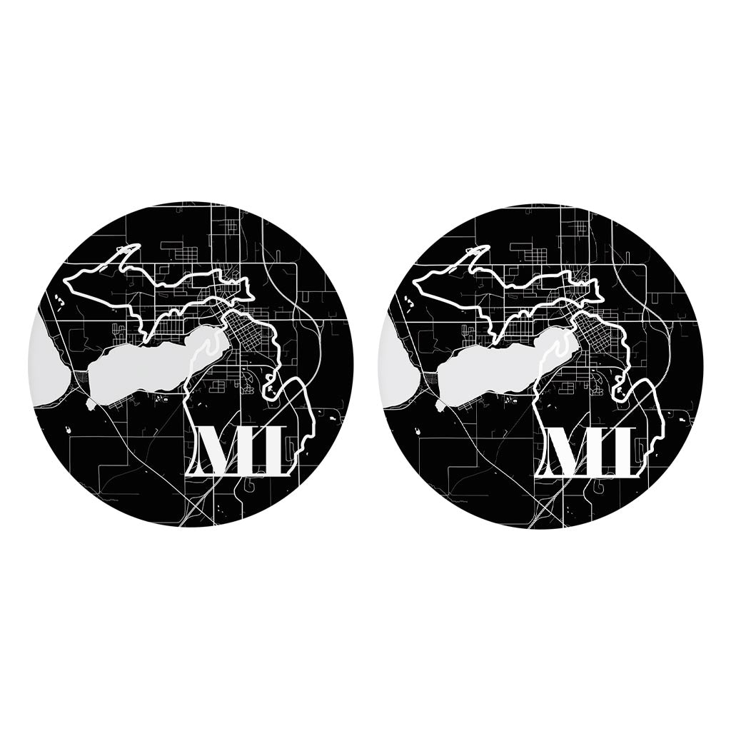 Black And White Abbreviated State Map Black Michigan Cadillac| Absorbent Car Coasters | Set of 2 | Min 4