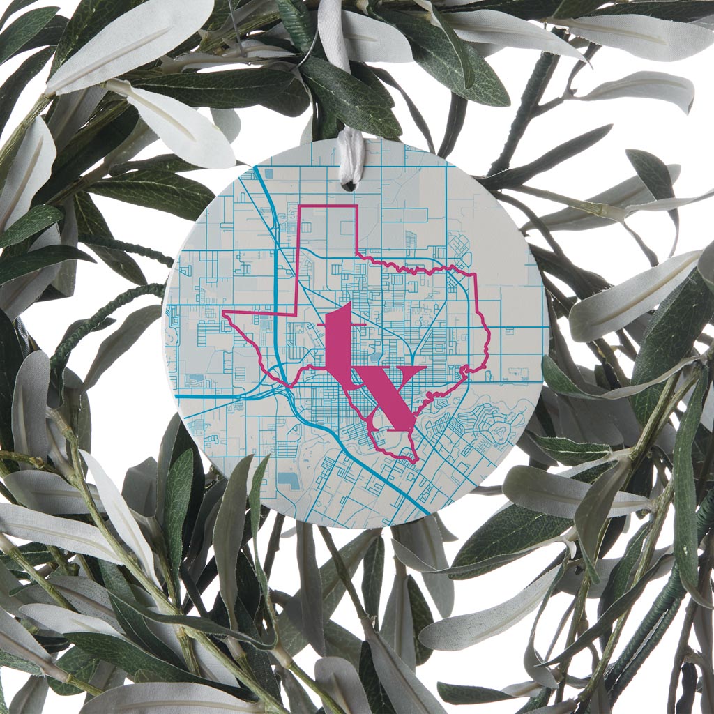 Bright Modern Abbreviated State Map Blue Texas Harlingen| Wood Ornament | Eaches | Min 6