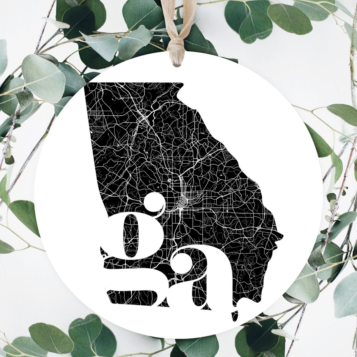 Black And White Abbreviated State Map White Georgia | Wood Ornament | Eaches | Min 1