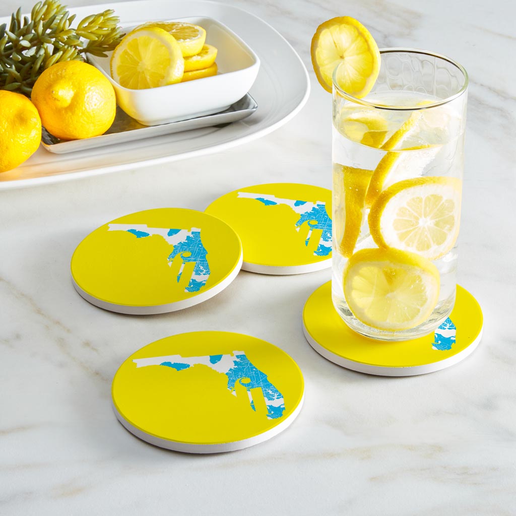 Bright Modern Abbreviated State Yellow Florida Panama | Absorbent Coasters | Set of 4 | Min 2