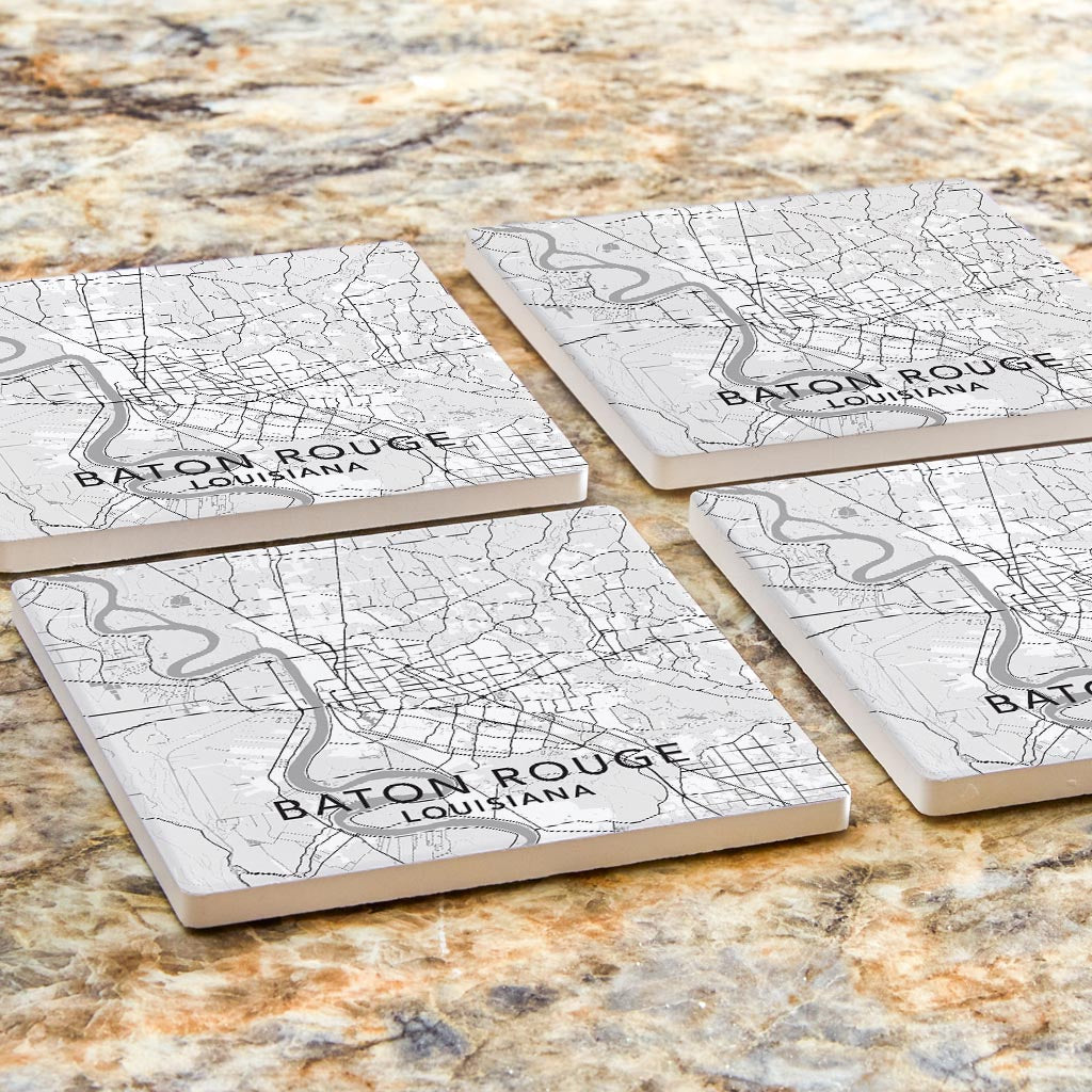 Minimalistic Baton Rouge White Map | Absorbent Coasters | Set of 4 | Min 2