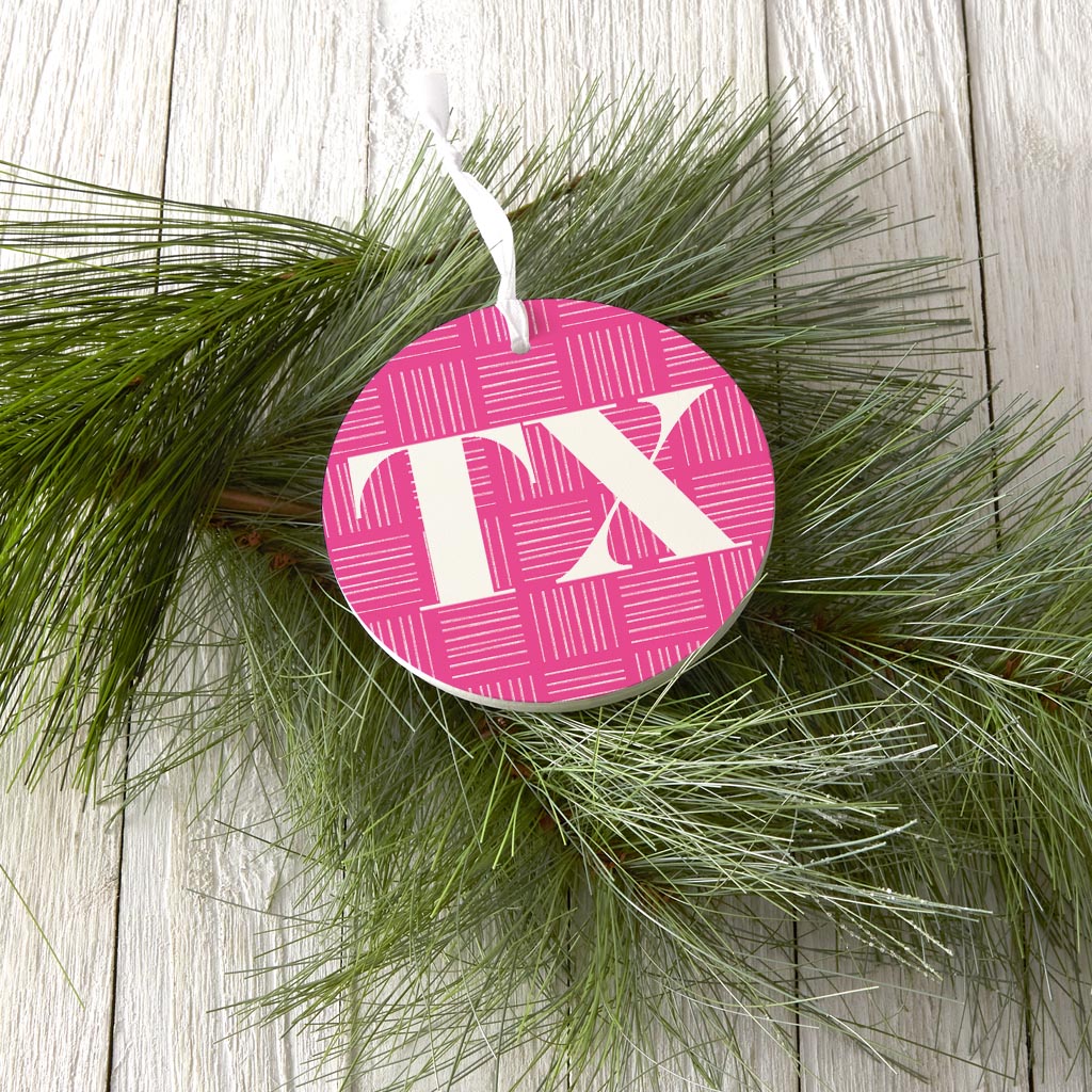 Bright Modern Abbreviated On Pink Texas | Wood Ornament | Eaches | Min 6