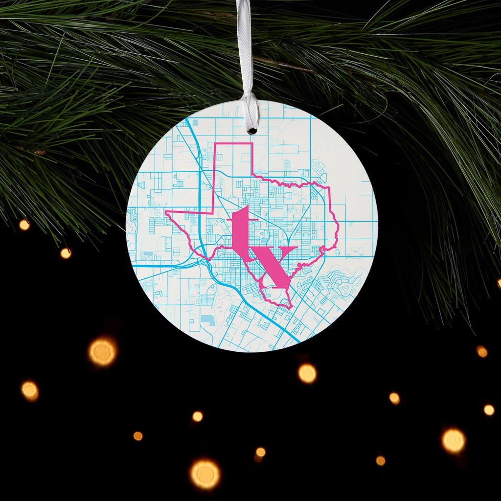 Bright Modern Abbreviated State Map Blue Texas Harlingen| Wood Ornament | Eaches | Min 6