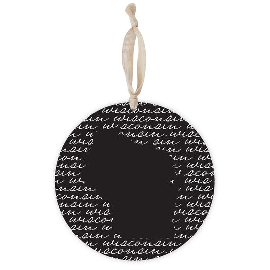 Black And White State Script Wisconsin | Wood Ornament | Eaches | Min 1