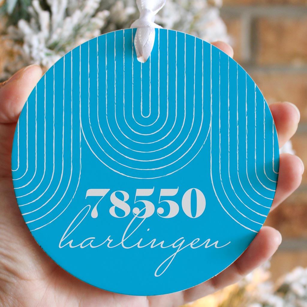 Bright Modern City Zip On Teal Texas Harlingen | Wood Ornament | Eaches | Min 6