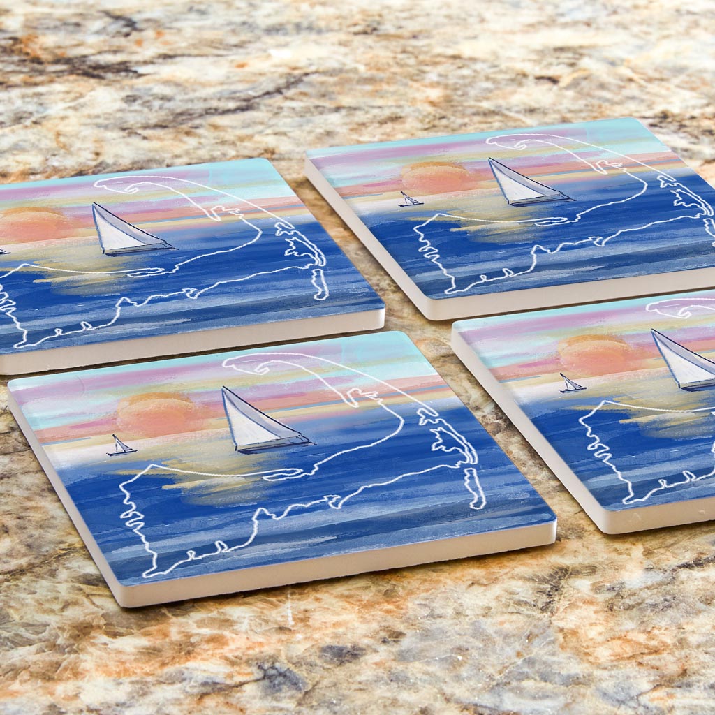 Watercolor Sunset With Sailboats | Absorbent Coasters | Set of 4 | Min 2