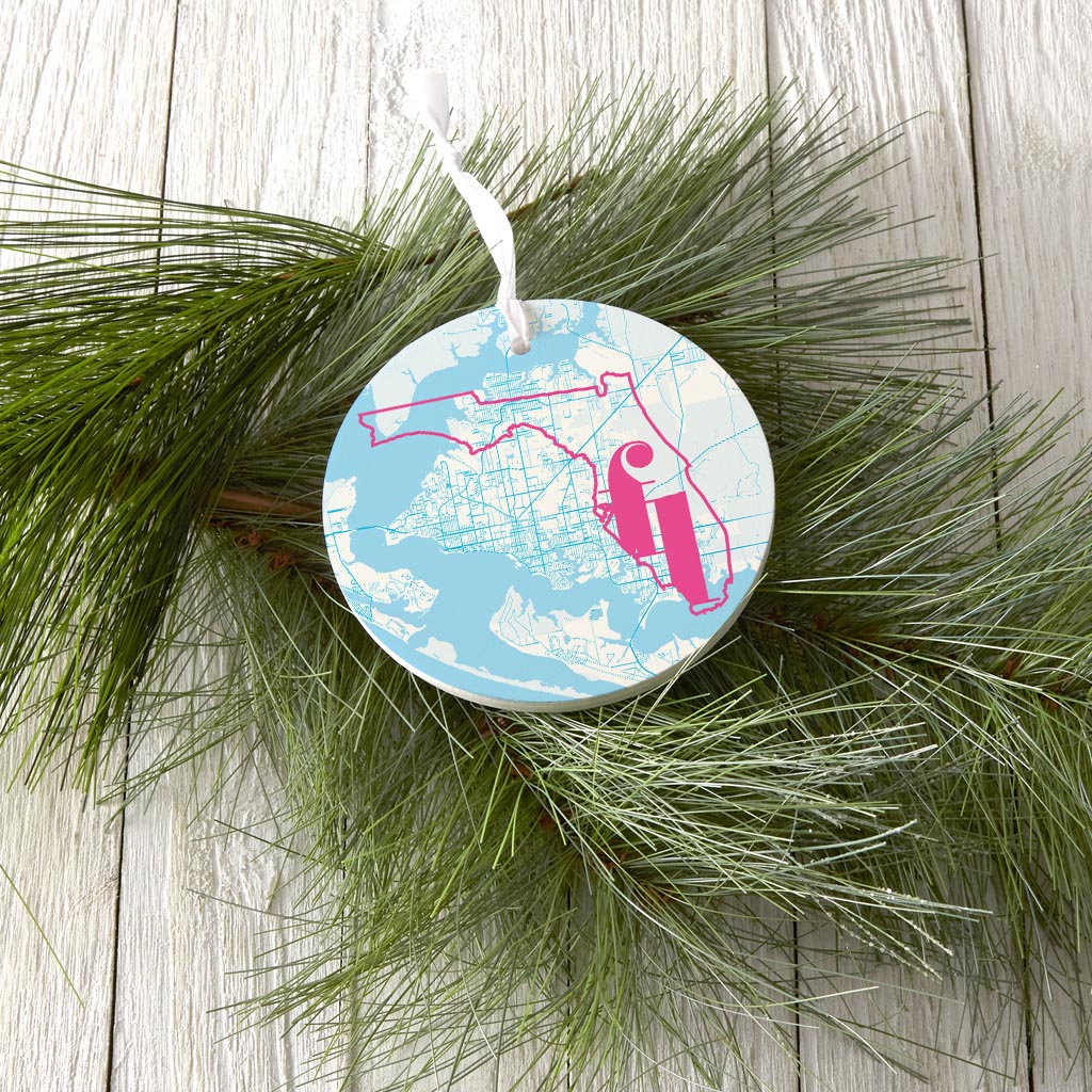 Bright Modern Abbreviated State Map Blue Florida Panama| Wood Ornament | Eaches | Min 6