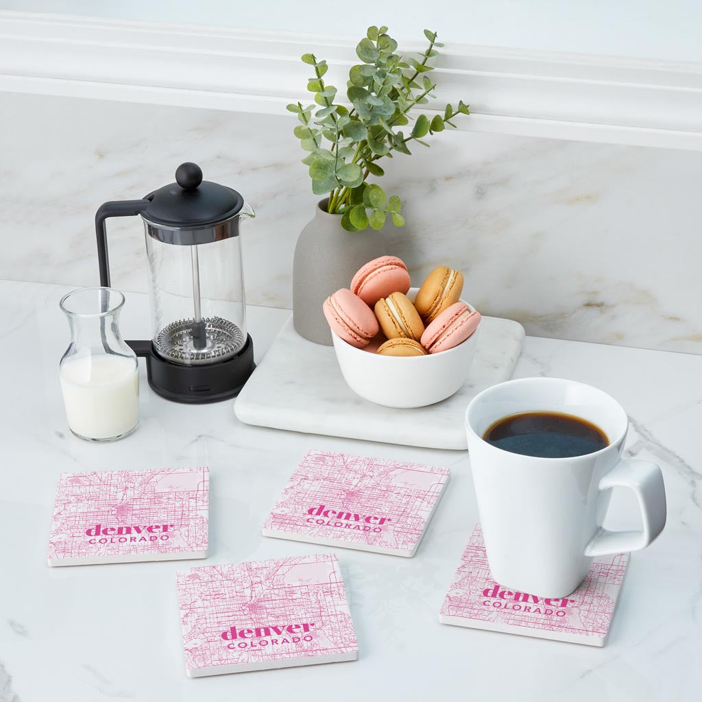 Bright Modern Pink Map Colorado Denver | Absorbent Coasters | Set of 4 | Min 2