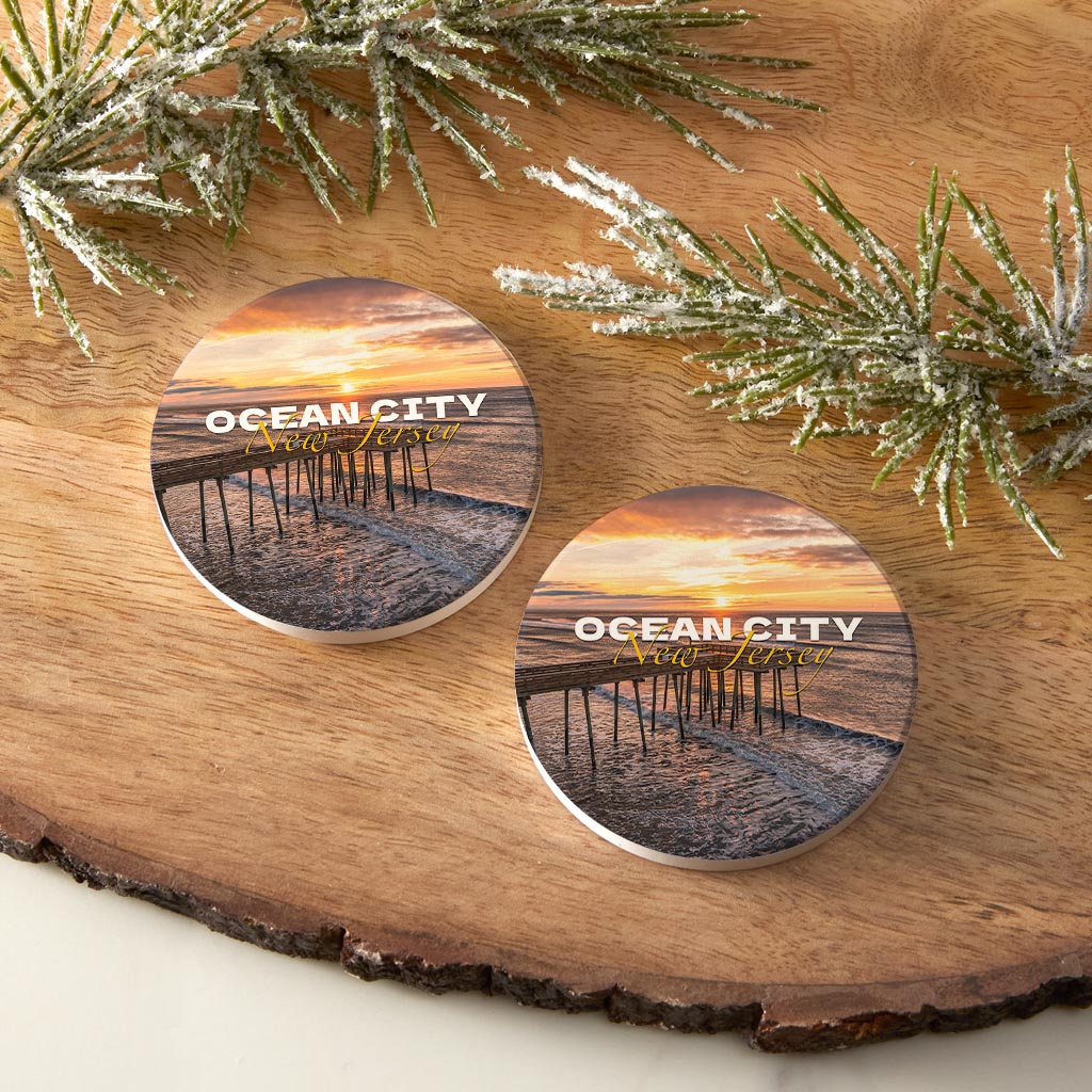 Fishing Pier Sunrise Car Coaster| Absorbent Car Coasters | Set of 2 | Min 4