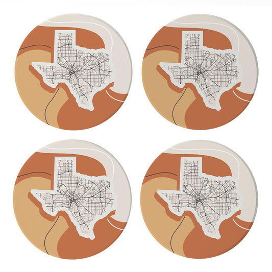 Vintage Groove Fluid Orange Map Texas Dallas | Absorbent Coasters | Set of 4 | Min 2