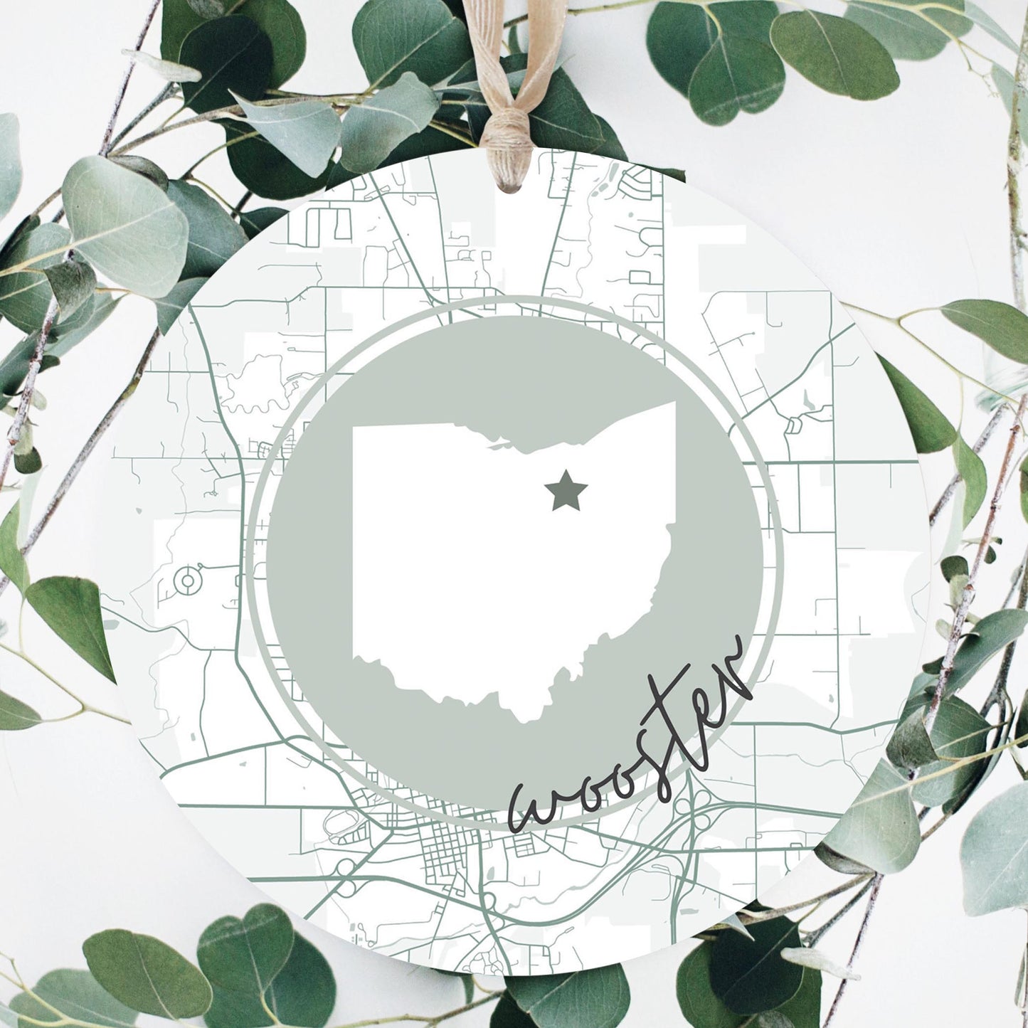 Vintage Groove State Star Map Ohio Wooster | Wood Ornament | Eaches | Min 1