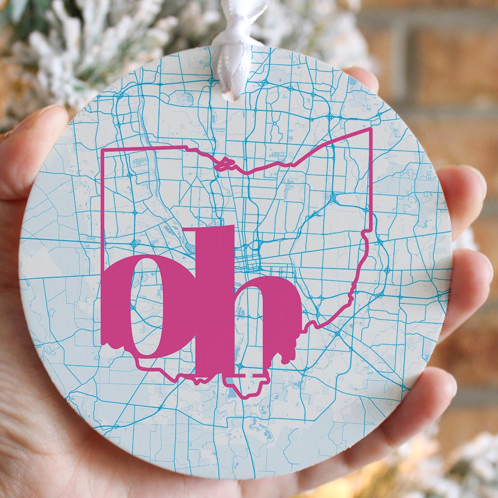 Bright Modern Abbreviated State Map Blue Ohio Columbus | Wood Ornament | Eaches | Min 6