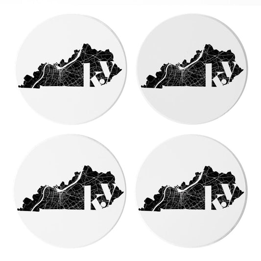 Black And White Abbreviated State Map White Kentucky| Absorbent Coasters | Set of 4 | Min 2