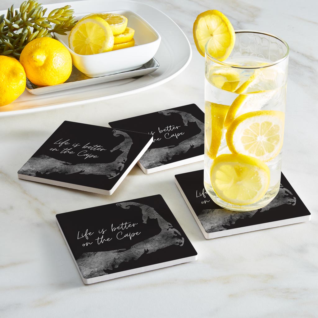 Minimalistic B&W Cape Cod Life Is Better | Absorbent Coasters | Set of 4 | Min 2