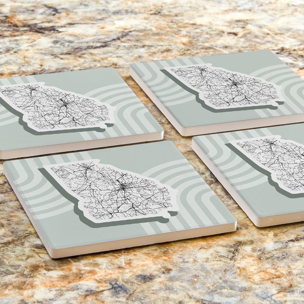 Vintage Groove Light Green Lines Map Georgia Atlanta | Absorbent Coasters | Set of 4 | Min 2