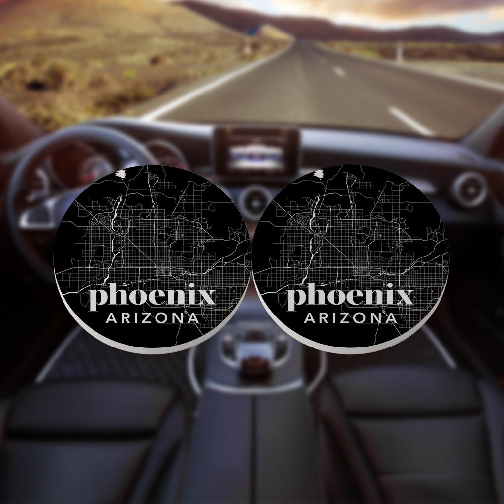 Black And White Black Map Arizona Phoenix | Absorbent Car Coasters | Set of 2 | Min 4