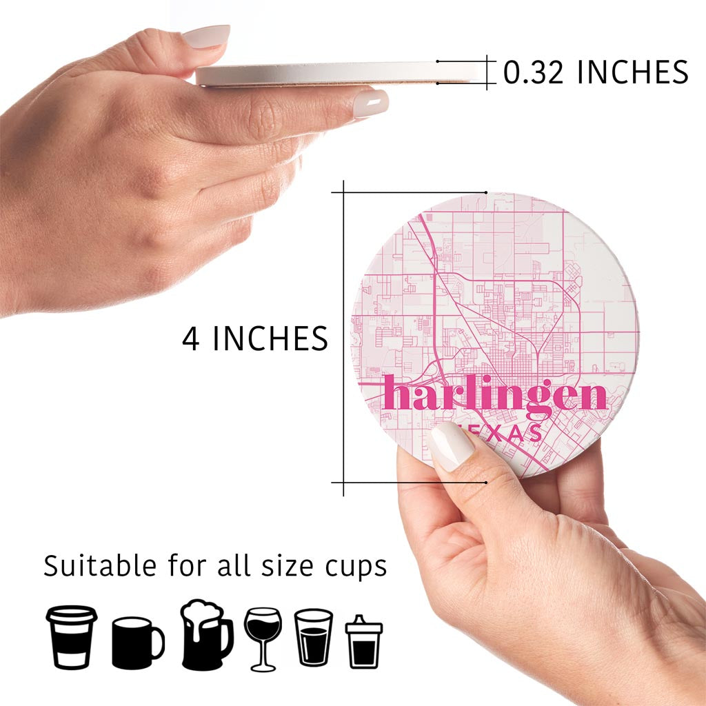 Bright Modern Pink Map Texas Harlingen | Absorbent Coasters | Set of 4 | Min 2