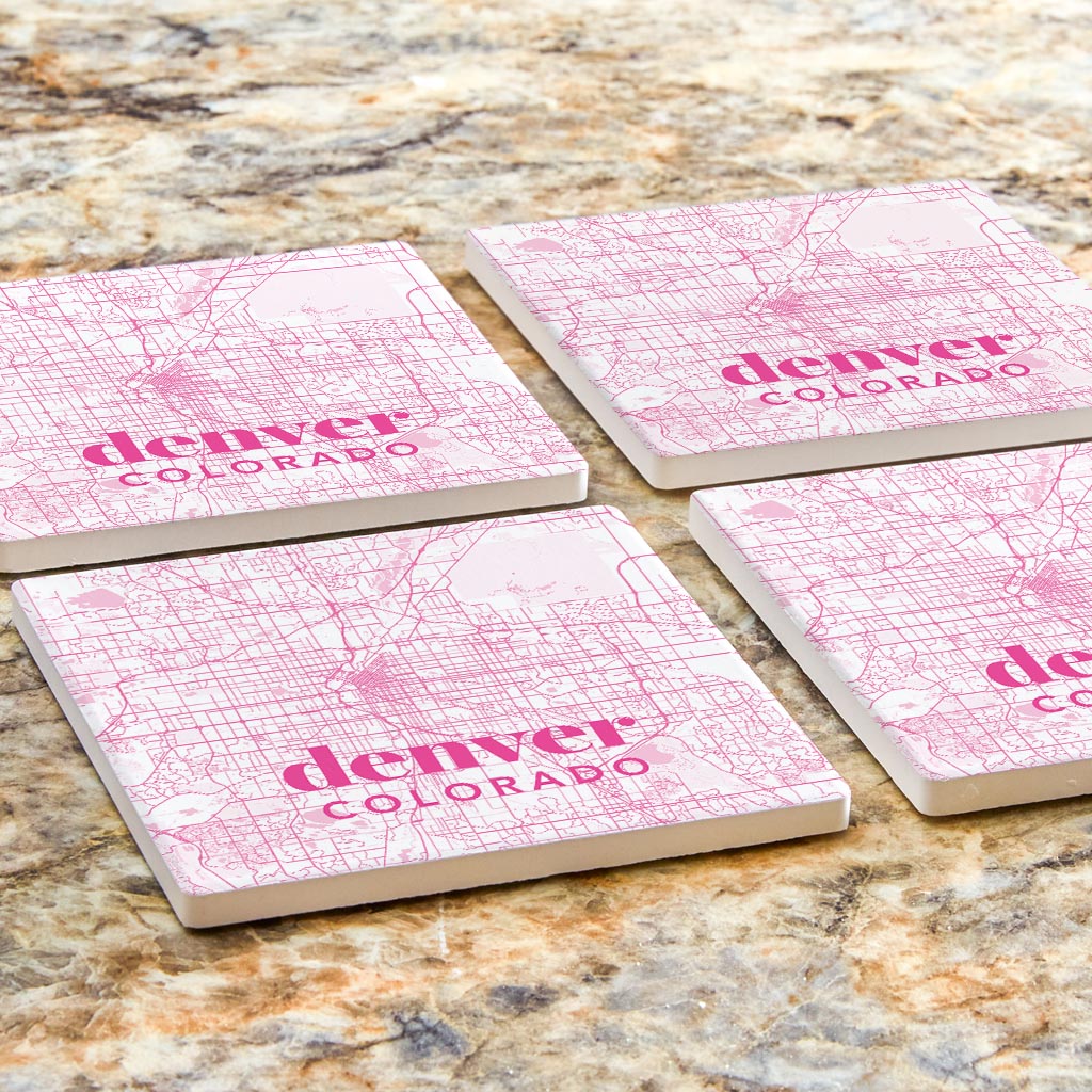 Bright Modern Pink Map Colorado Denver | Absorbent Coasters | Set of 4 | Min 2