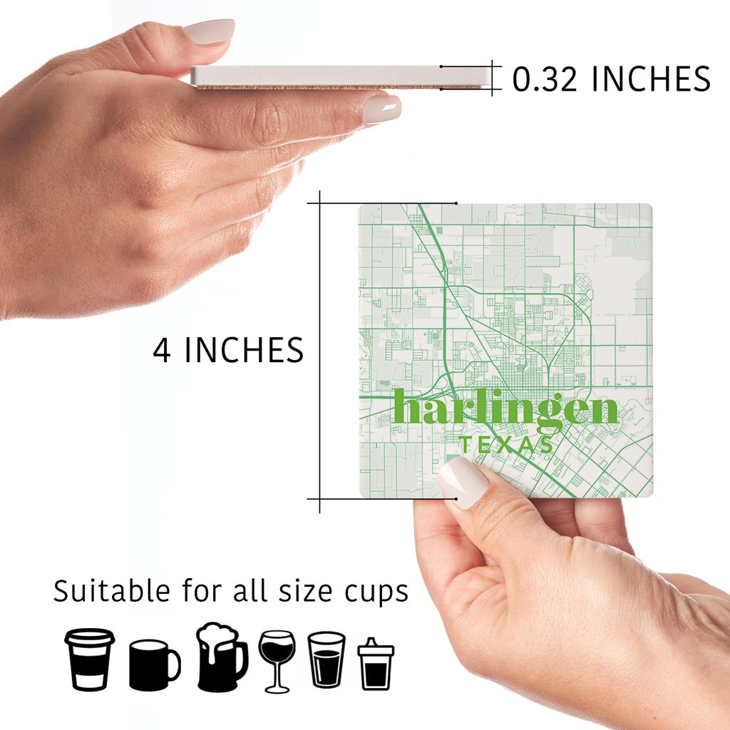 Bright Modern Green Map Texas Harlingen | Absorbent Coasters | Set of 4 | Min 2